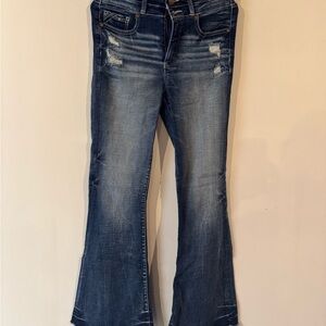 Buckle Blue Flare Wide Leg Jeans with Vintage Distressing